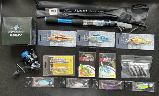 Aktiepakket hengelsport artikelen, Hengel met hoes, Molen met draad, Diverse kunstaas