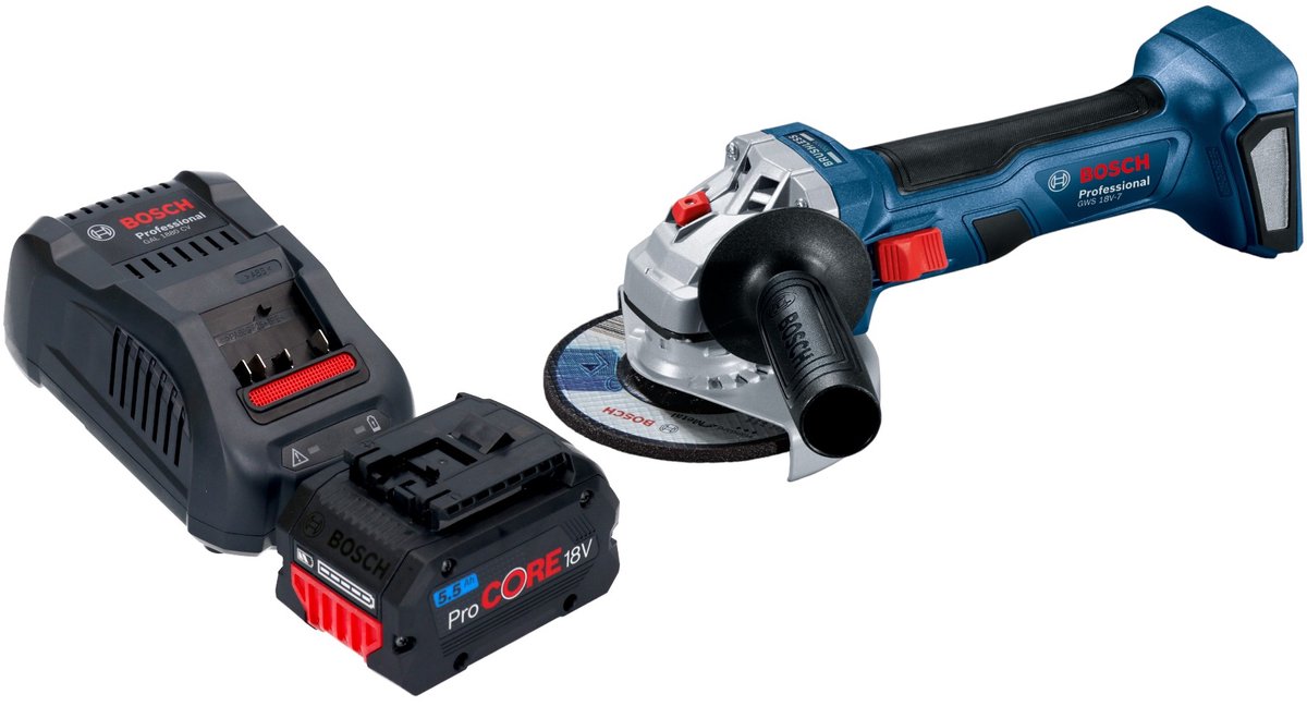 Bosch GWS 18V-7 Professionele accu haakse slijper 18 V 115 mm borstelloos + 1x ProCORE accu 5,5 Ah + lader