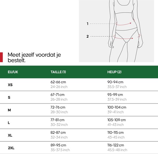 Tableau des tailles avec mesures UE/UK, Taille (1) et Hanche (2) pour sous-vêtements féminins.