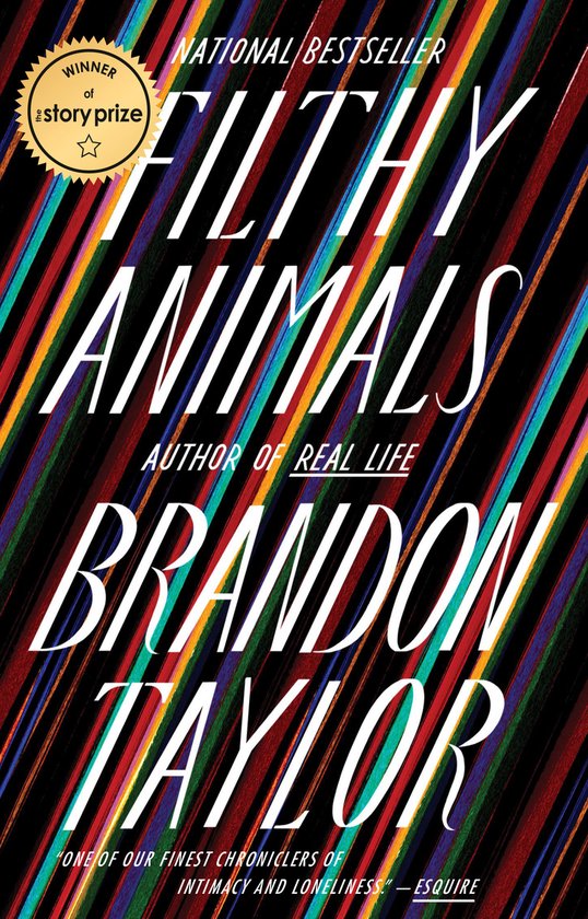 Boekcover met de titel 'Filthy Animals' door Brandon Taylor, met een winnaarslint en strepen in meerdere kleuren.