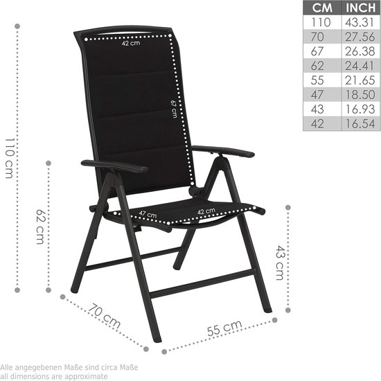 BRUBAKER Set van 2 Tuinstoelen Milano - Hoge Rugleuning Opvouwbaar - 8-voudig verstelbare Rugleuning - Vouwstoel Aluminium - Weerbestendig - Antraciet van Brubaker — afbeelding 4