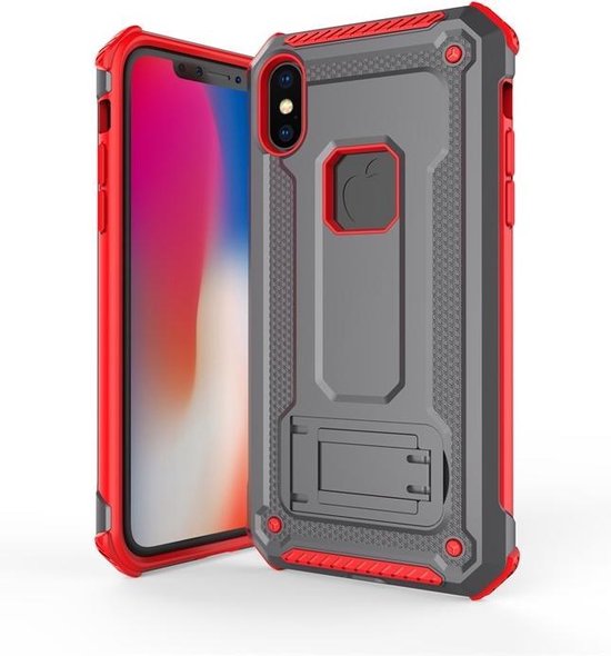 Ntech hoesje Geschikt voor iPhone Xs Max - Armor Hoesje met Sta-Functi - Grijs & Rood