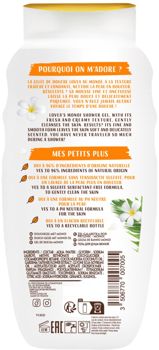 Lovea - Sulfaatvrije Douchegel Monoï - 6 x 400 ml - Voordeelverpakking
