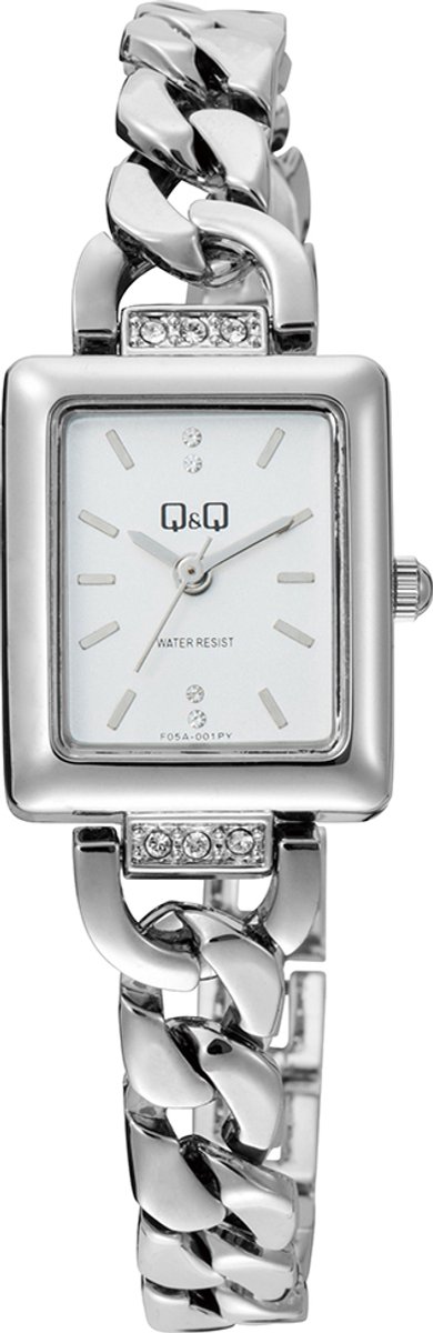 QQ F05A-001PY - Horloge - Polshorloge - Analoog - Vrouwen - Dames - Metalen band - Rechthoek - Metaal - Strepen - Zilverkleurig - Wit