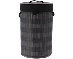 Tendance Wasmand Rustic met deksel Rotan - zwart/grijs - rond - katoen/bamboe - 67 liter - 35 x 35 x 55 cm