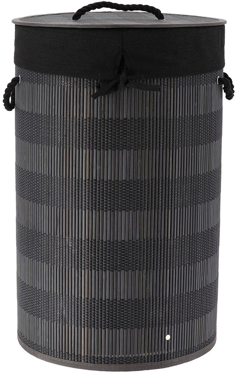 Tendance Wasmand Rustic met deksel Rotan - zwart/grijs - rond - katoen/bamboe - 67 liter - 35 x 35 x 55 cm