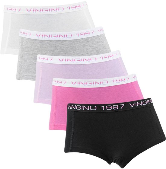 Set van vijf Vingino boxers in wit, grijs, lichtpaars, roze en zwart.