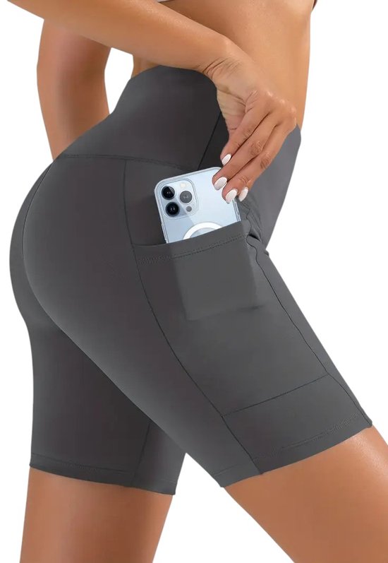 Foto: Softflow korte sport broek met zakken half lang super soft short pocket legging short dames sportbroek sportlegging korte broek met zakken comfortabel grijs donkergrijs maat xxl