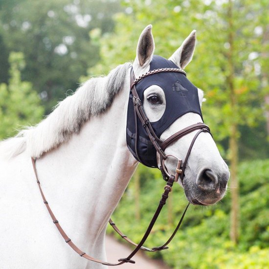 Schimmelpaard draagt een zwart masker met gouden bies en bruin lederen hoofdstel.