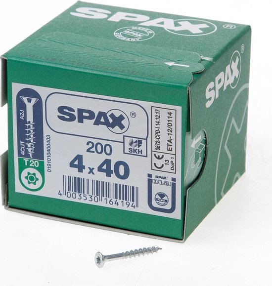 Spax Spaanplaatschroef platverzonken kop verzinkt T-Star T20 deeldraad 4.0x40mm (per 200 stuks)