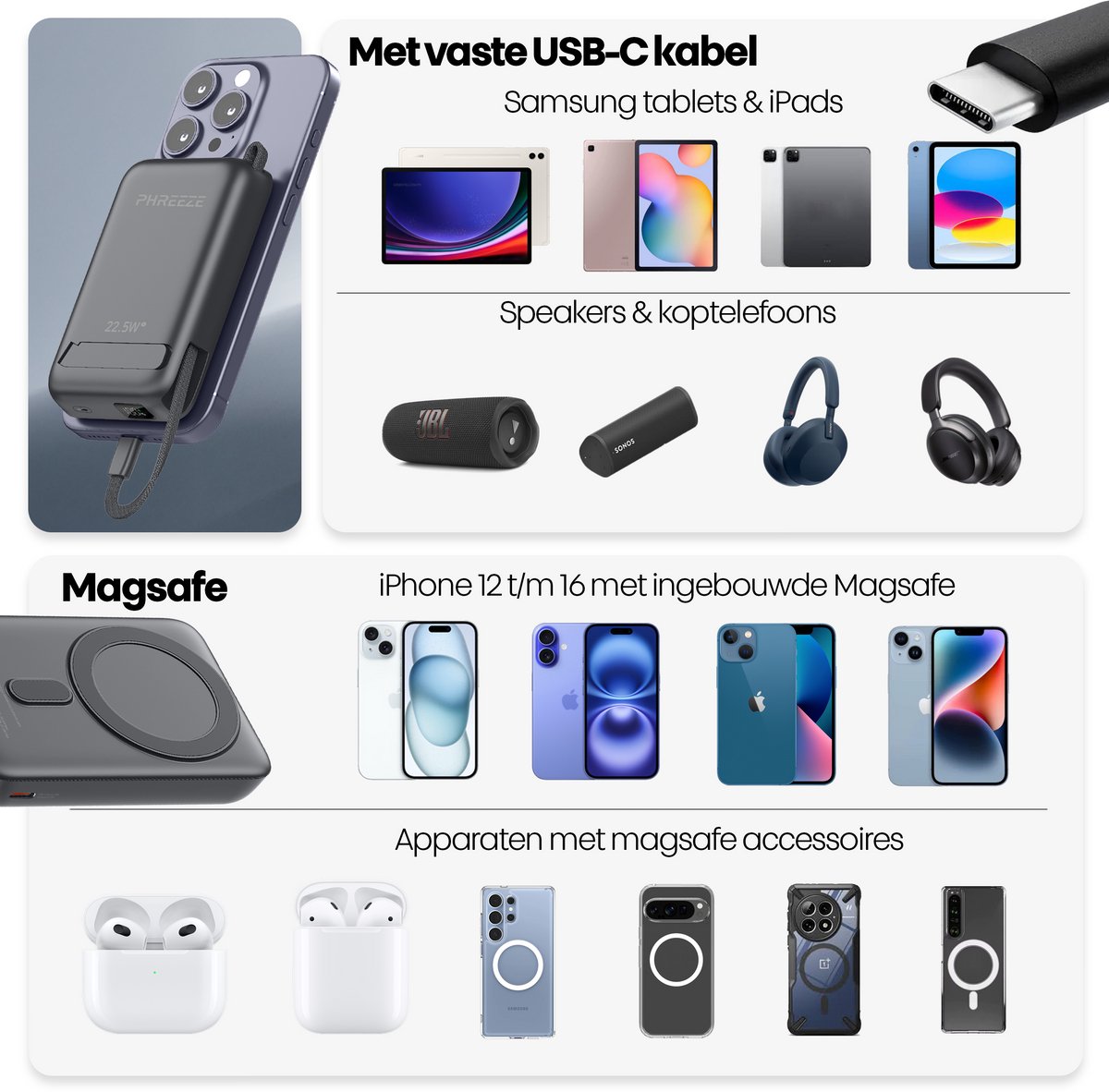 Phreeze Powerbank met MagSafe Draadloos Opladen en - afbeelding 3