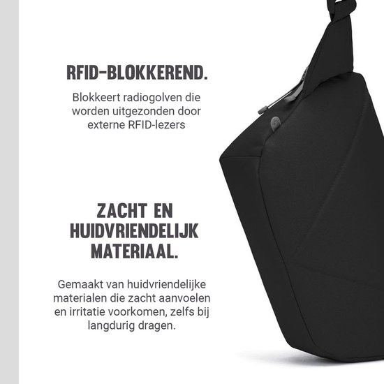 Zwarte Pacsafe tas, RFID-blokkerend en gemaakt van zacht, huidvriendelijk materiaal.