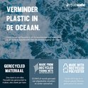 Milieu-informatie Pacsafe: Verminder plastic in de oceaan. Gemaakt van gerecycled materiaal, visnetten en gerecycled polyester.