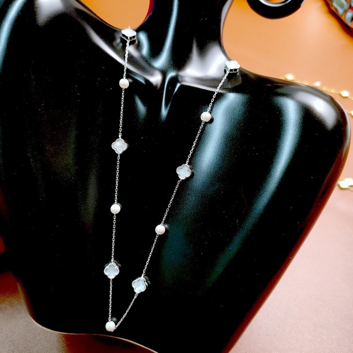 Elegante MOP Klavertje Vier Parelketting-Sterling Zilver