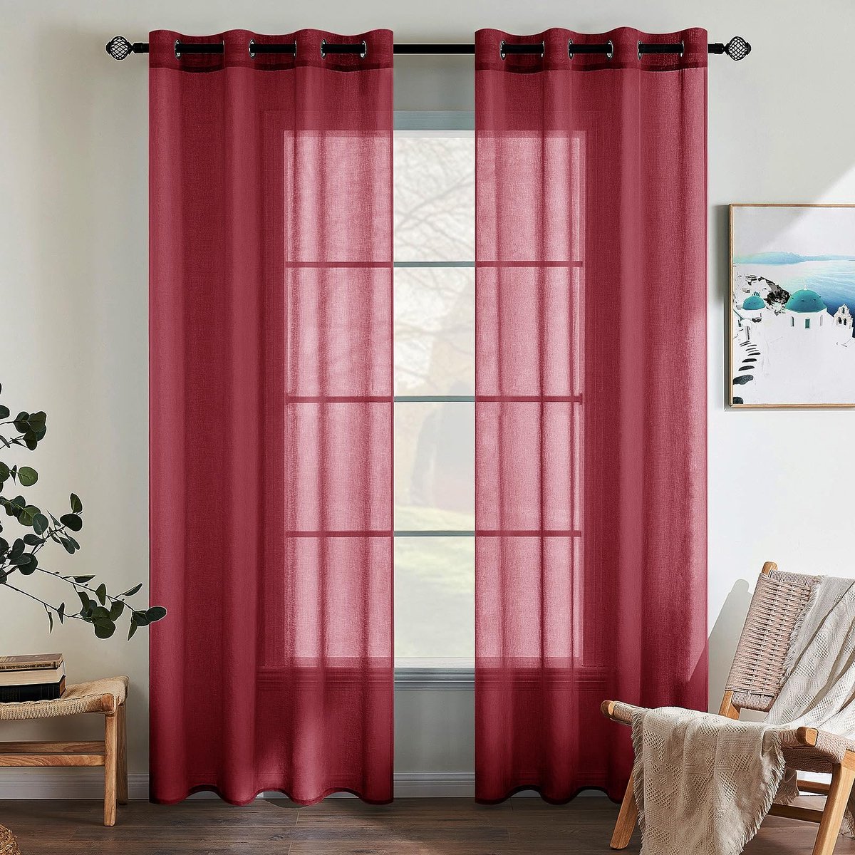 Unyqoos Transparante Polyester Gordijnen met Ingestanste Ringen voor Stijlvolle Interieurs, Set van 2, Rood, 140 x 245 cm