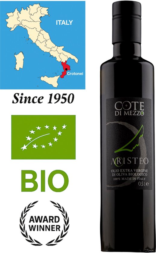 Aristeo Prijswinnende Biologische Extra Vierge Olijfolie – 500 ml – Nieuwe Oogst – 100% Italiaans – Eerste Koude Persing – Lage Zuurgraad – Voor Warm & Koud Gebruik – Rijk aan Antioxidanten – Glazen Fles met Schenktuit – Calabrië – Goede Keuze!