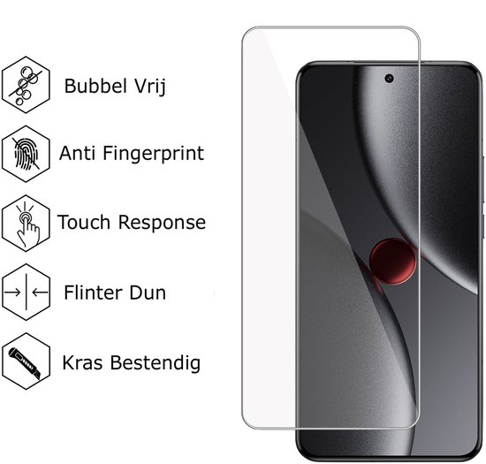 Heldere screenprotector met afgeronde randen, geplaatst op een donkere telefoon. Iconen tonen "Bubbel Vrij", "Anti Fingerprint", "Touch Response", "Flinter Dun", "Kras Bestendig".
