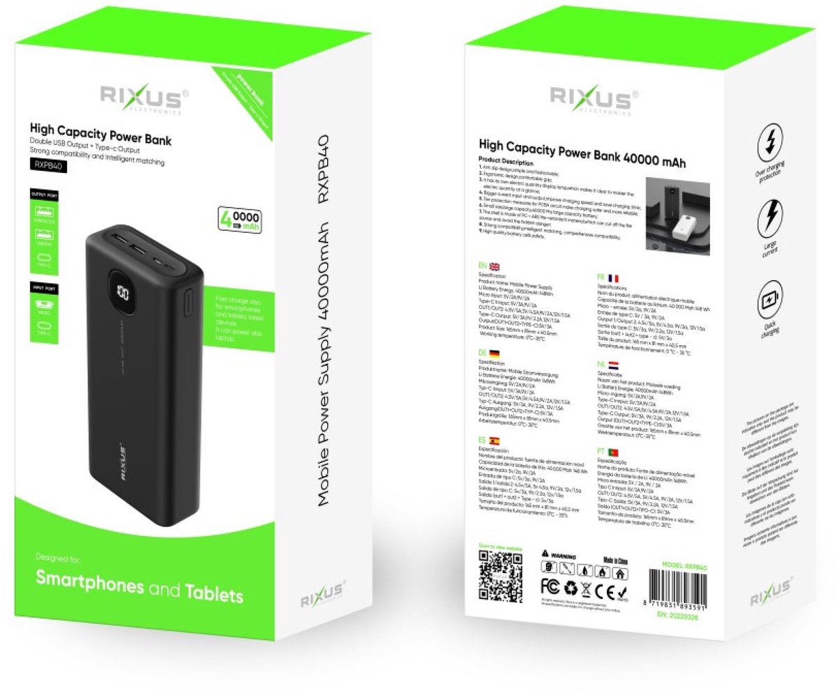 Rixus High Capacity Powerbank 40000mAh Zwart - USB-C & - afbeelding 3