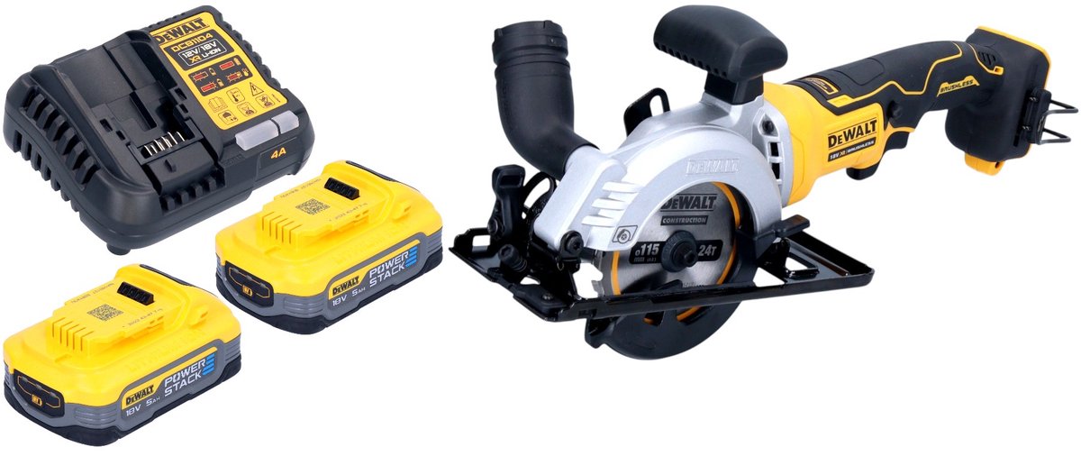 DeWalt DCS 571 H2 accucirkelzaag 18 V 115 mm borstelloos + 2x Powerstack accu 5.0 Ah + lader