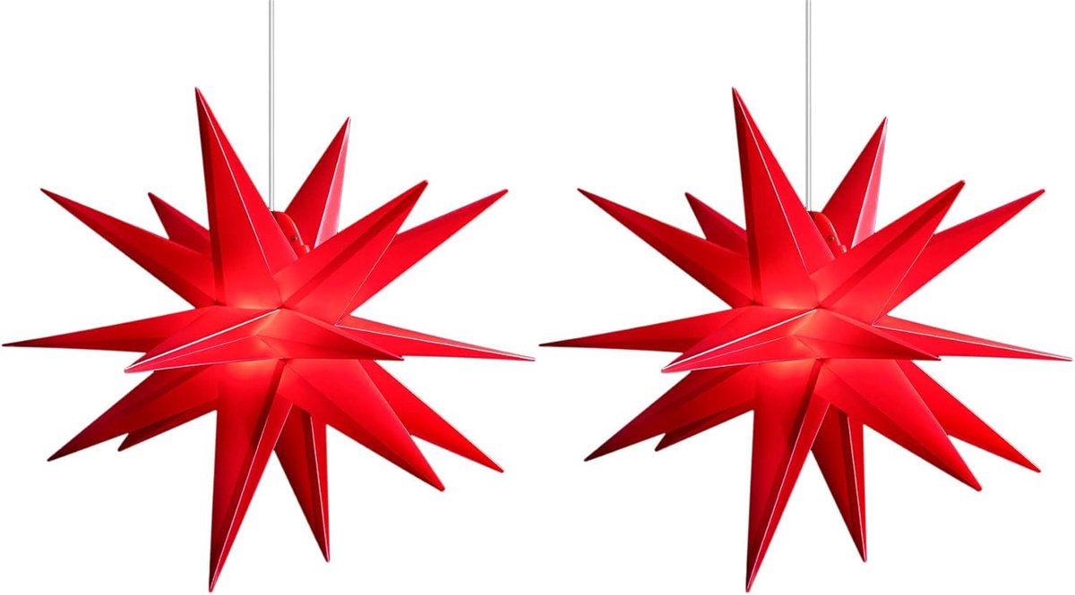 Novaliv 2X Kerstster verlichte opvouwbare ster 55cm decoratieve sterren ROOD hoogwaardige kunststof ster voor gloeilamp met timerfunctie 3D-ster 18-puntige verlichte sterren kerstverlichting winterverlichting
