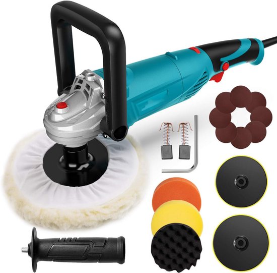 Polijstmachine met schapenvachtpad, inclusief diverse accessoires en handgrepen.