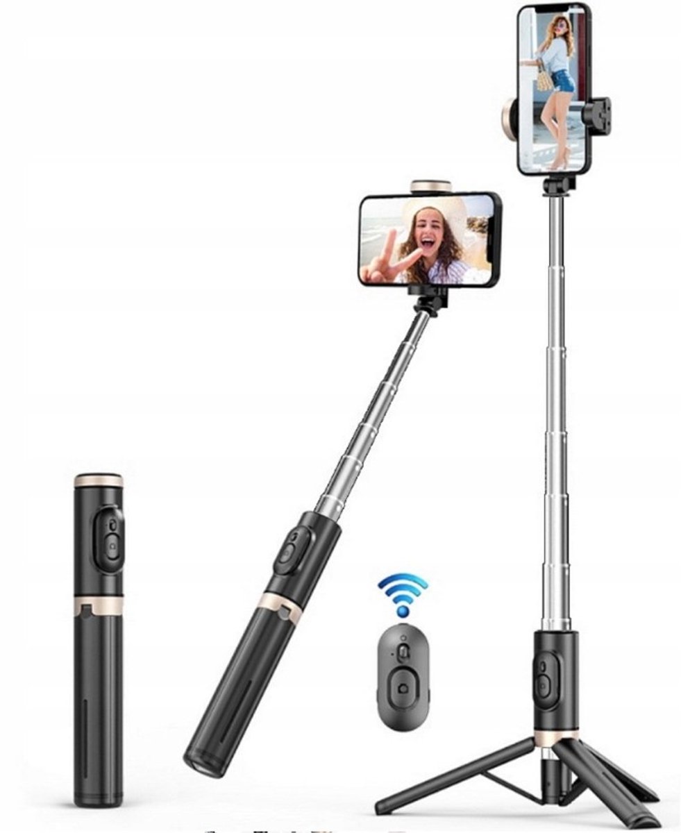 2 in 1 selfiestick en telefoon standaard - Telefoon standaard en selfiestick - Geschikt voor iPhone, Samsung, huawei - Met Bluetooth - Met afstandsbediening - driepoot standaard