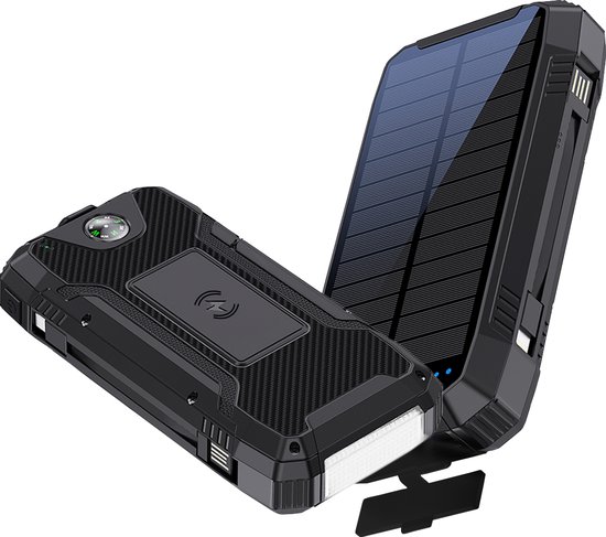 ISHIVA® Solar Powerbank 30000 mah - 22,5W Snellader Powerbank - Ingebouwde Kabels - Powerbank Zonneenergie - USB, USB-C en Draadloos Opladen