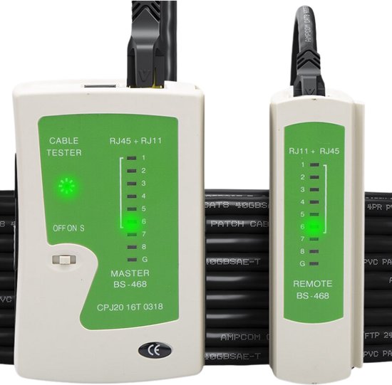 Testeur de câble blanc avec indicateurs LED verts pour RJ45 et RJ11. Unité Maître et Distante avec interrupteur 'OFF ON S'.