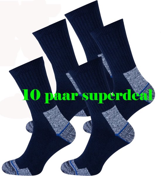 10 paar donkerblauwe werksokken met grijze en blauwe accenten bij de hiel en teen.
