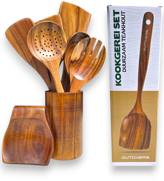 Dutchers® 8-delige Teakhouten Spatel set - Houten Spatels incl houder - Eco Vriendelijk - Antiaanbakpan - Pollepels - Opscheplepel - Keuken lepel - Kookgerei - Wokspatel - Keukengerei - Geschenkset Vrouwen - Cadeau - Keukenaccessoires