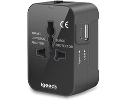 Igoods Universele Wereldstekker - Reisadapter - Reisstekker - Internationale Plug - Travel Adapter - Zwart