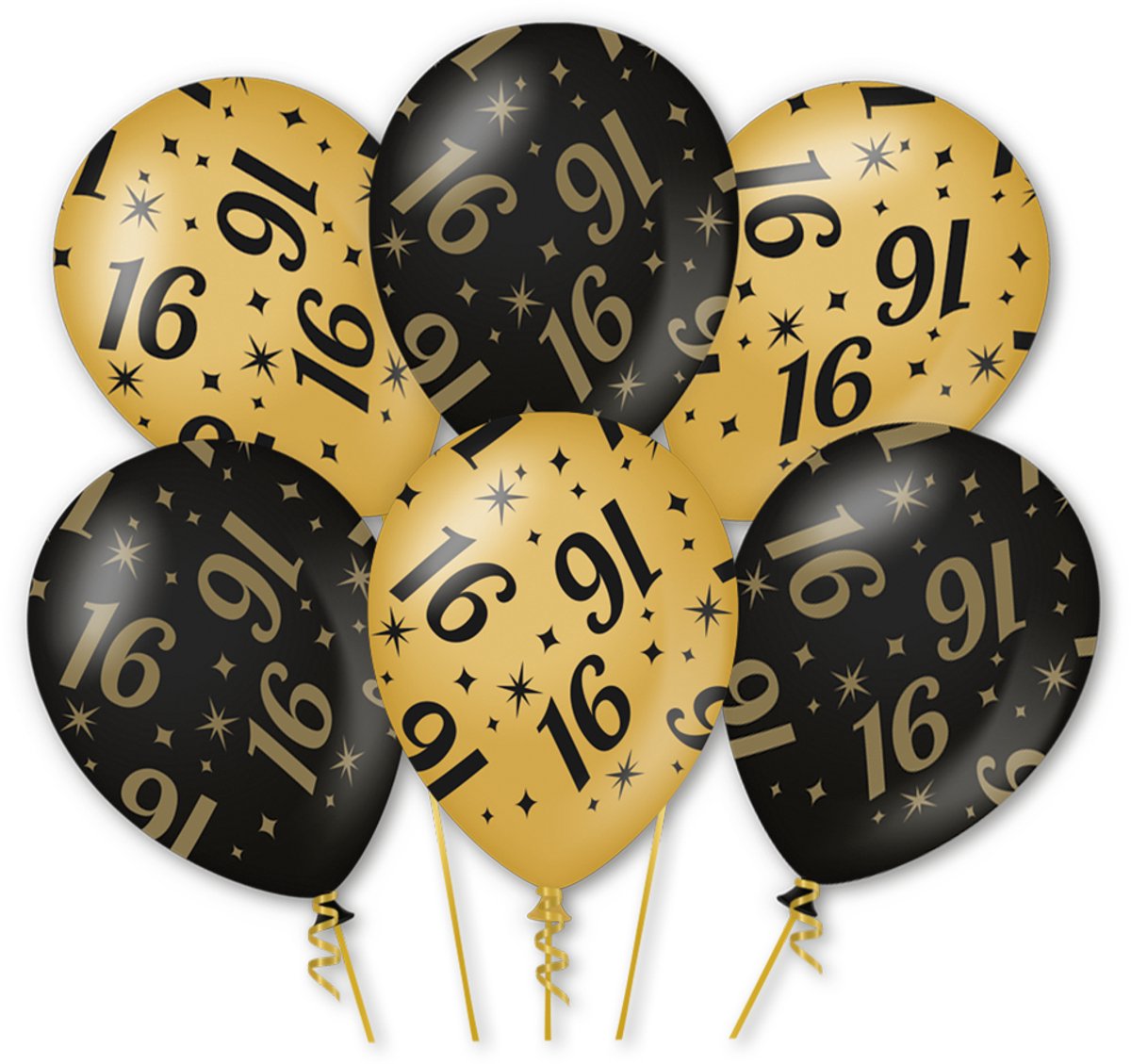 LUQ - Latex Ballonnen Celebration 16 Jaar - 6 Stuks - Zwart-Wit-Goud