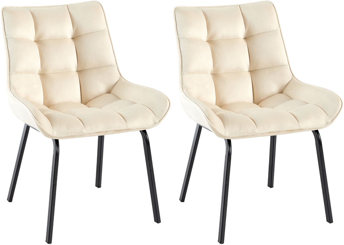 CLP Saranda Set van 2 eetkamerstoelen - klassiek - met zwart metalen frame - met rugleuning - Fluweel/creme