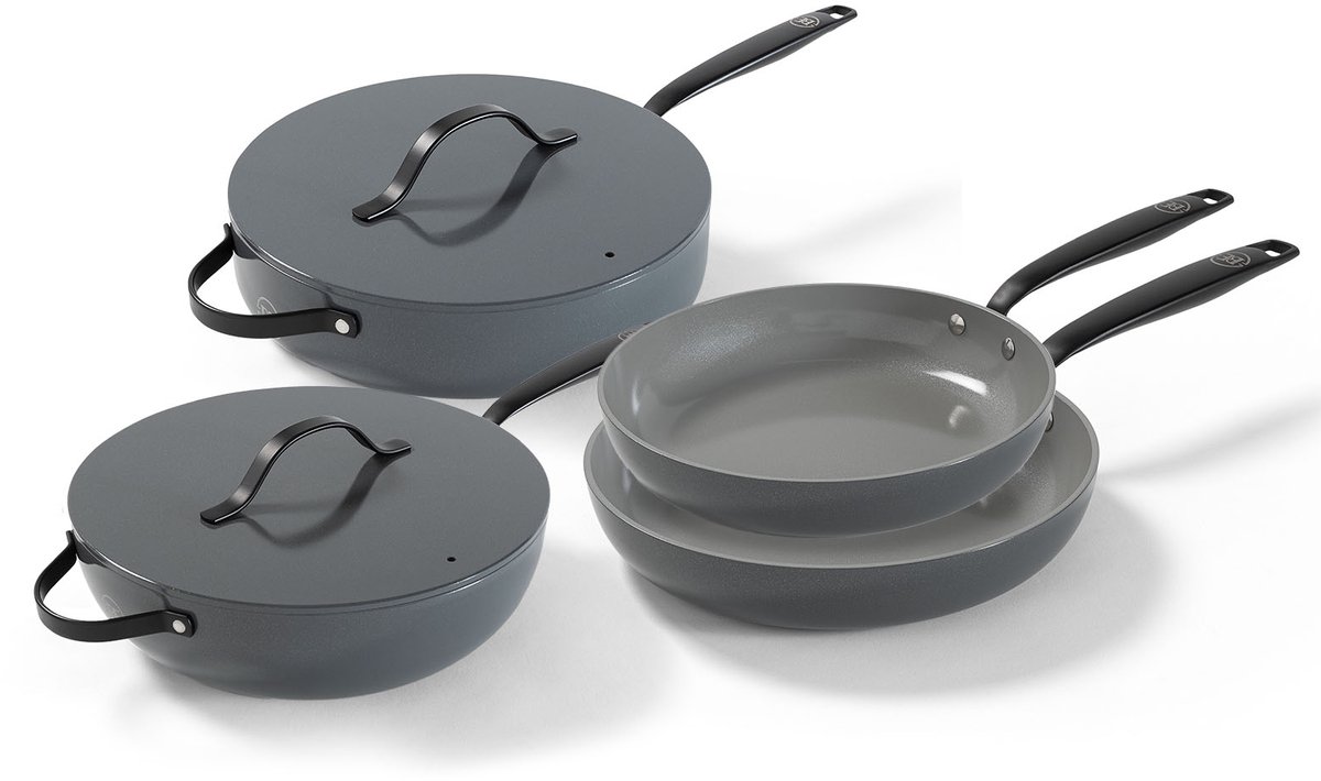 BE Living 4-delige Pannenset - Ø 24 & 28 cm Koekenpan + Ø 30 cm Wokpan + Ø 28 cm Hapjespan - Bakpan - Keramisch - PFAS Vrij Anti Aanbak - Inductie Pannen - Grijs - Essential Series