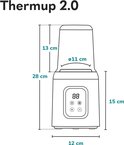 Afmetingen witte flesverwarmer "Thermup 2.0": 28cm hoog, 12cm breed, 11cm diameter voor de opening, 13cm diep deksel.
