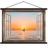 Posterhanger incl. Poster 150x113 cm - Schoolplaat - Doorkijk - Zee - Boot - Zonsondergang - Textielposter - Zwarte latten