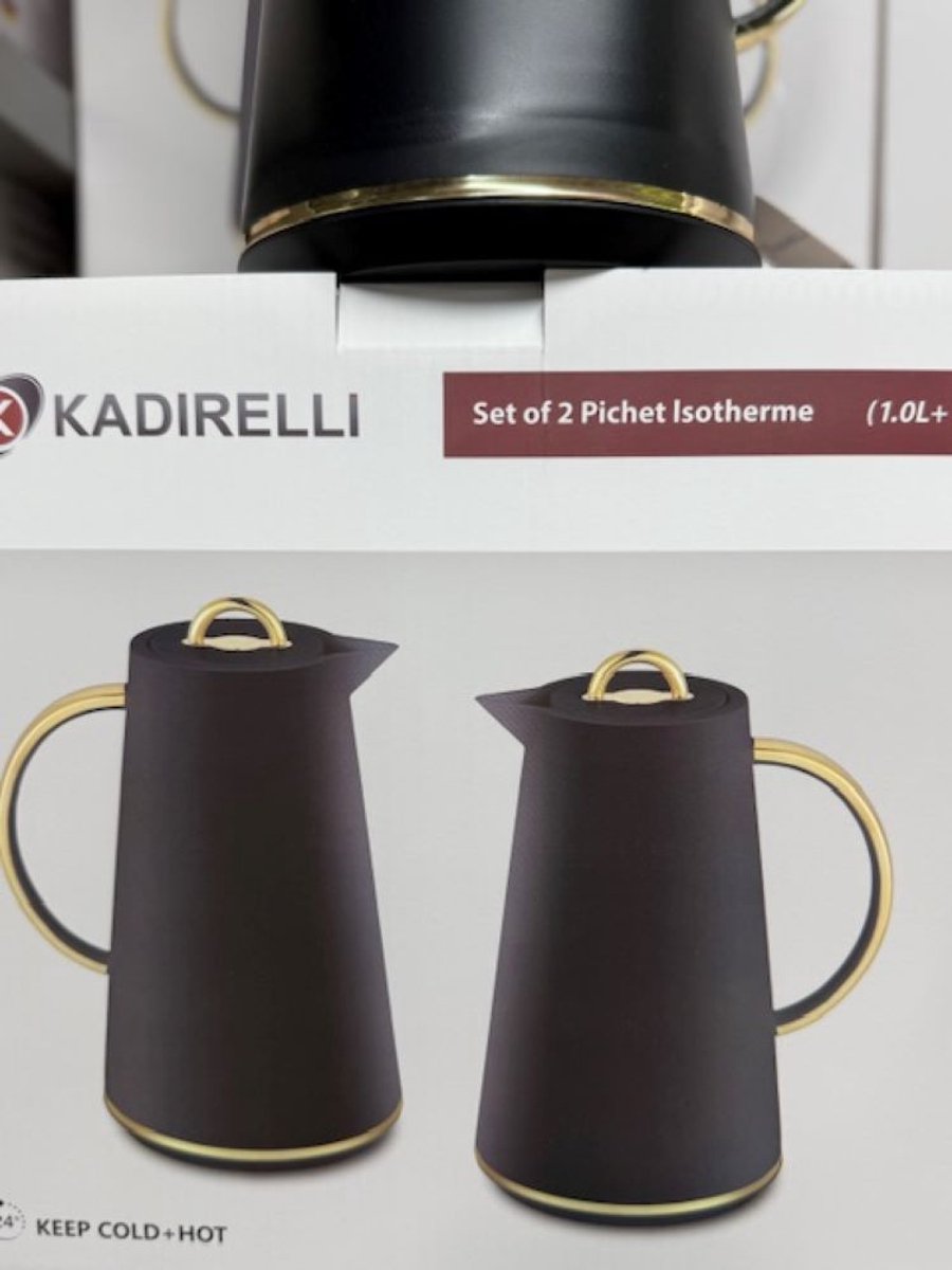 Kadirelli Thermoskan Set van 2 - 1L + 1L - Zwart/Goud - RVS Inox - Themosfles