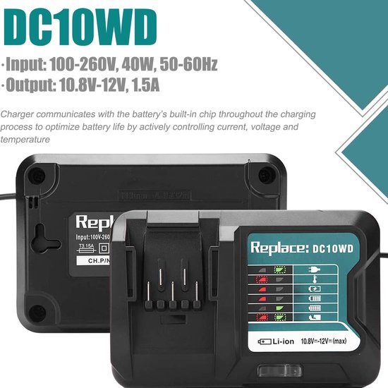 Geschikt voor DC10WD DC10SB DC10WC 12V 10,8V lader, compatibel met Makita 12V accu BL1021B BL1041B BL1015 BL1016 197396-9 BL1040B BL1040 197406-2 van Cellonic — afbeelding 2