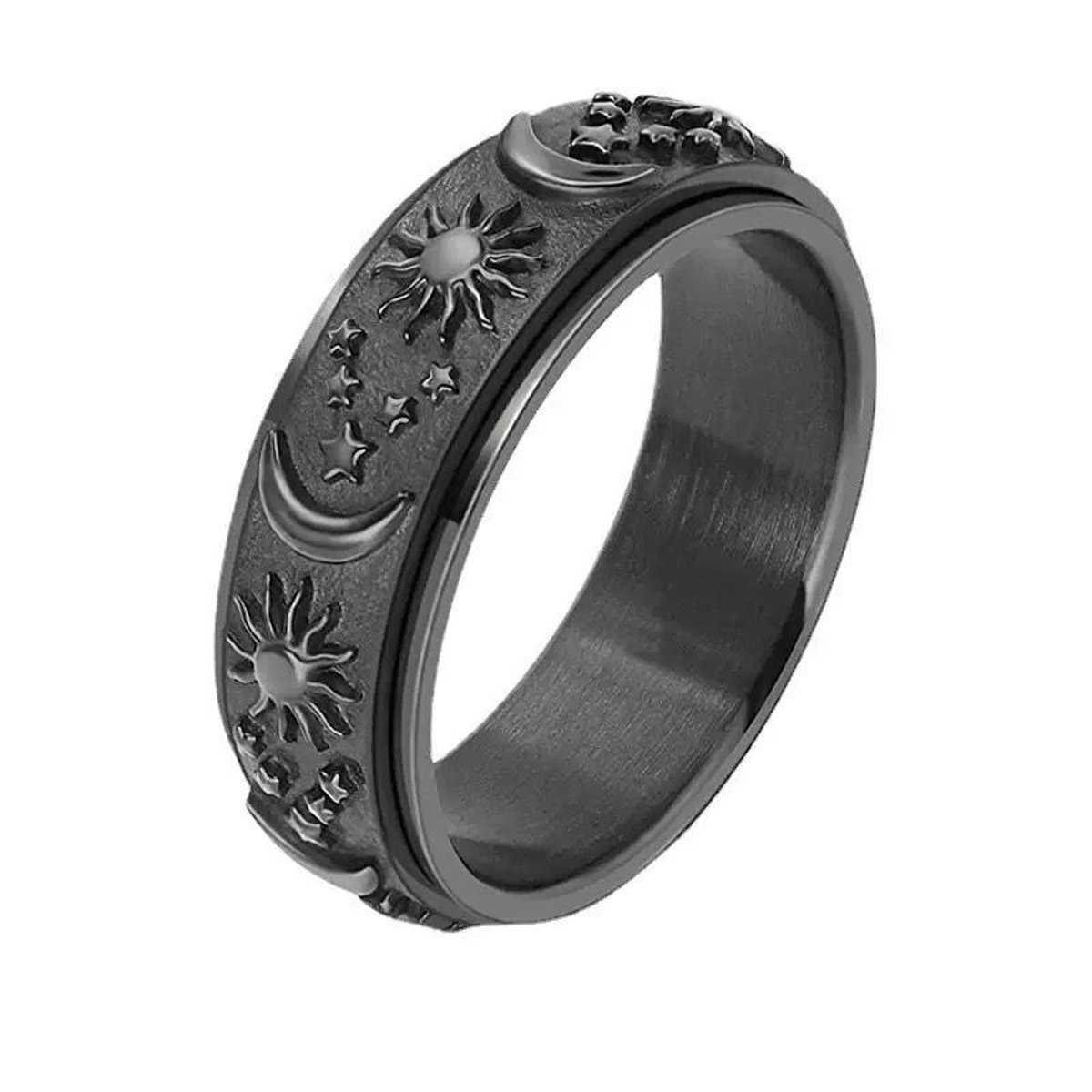 NEFET® - Anxiety ring - Fidget Ring - (Zon & Maan) - Roestvrij Staal - Maat 18 - Zwart - Dames - ideale geschenk - Cadeautjes Accessoires - Trendy