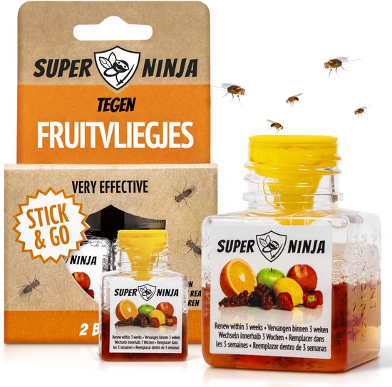 Super Ninja Fruitvliegjes Vanger - 2 Fruitvliegjes vallen - Zeer Effectieve en Ecologische Insectenval om Fruitvliegjes te Bestrijden - Direct Werkzaam, Milieu vriendelijke & Veilige Fruitvliegjesval