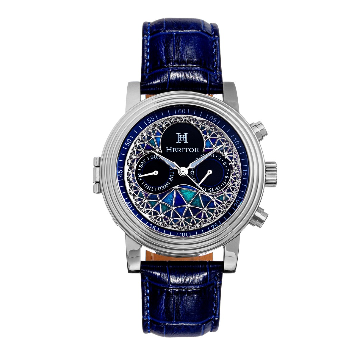 Heritor Automatic Legacy horloge met leren band en dag--datumaanduiding - zilver-blauw
