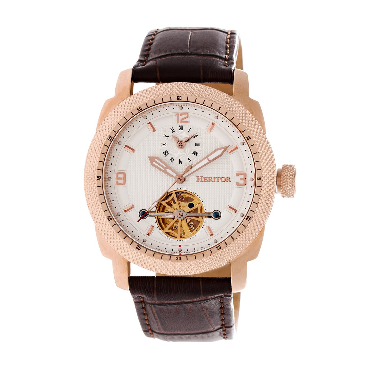 Heritor Automatic Helmsley Semi-Skelet leren band horloge - Roségoud-Wit