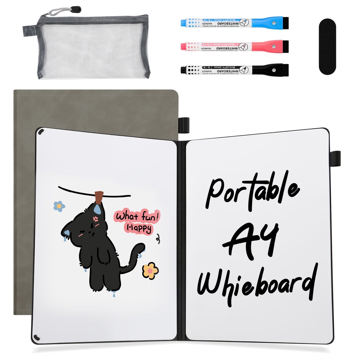 AGM Uitwisbaar notitieboek - Whiteboard notitieblok - A4 - Incl. 3 Pen en 1 Etui - Grijs-PU