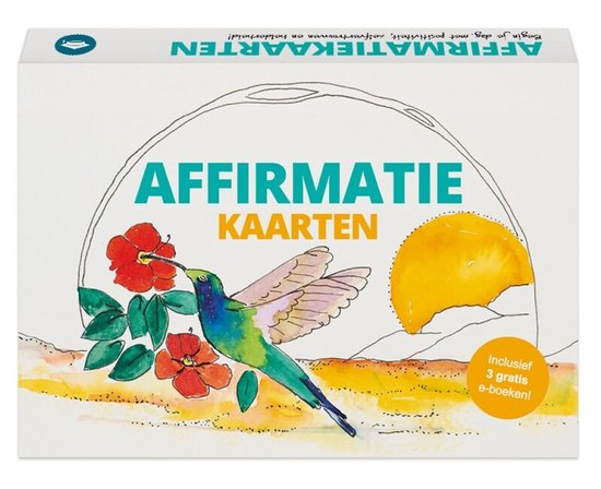 Doosje met affirmatiekaarten. Illustratie van een kolibrie bij bloemen en een zon. Tekst: 'AFFIRMATIE KAARTEN'.