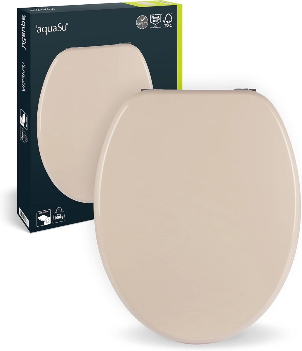 Toiletbril in Bahama-beige met houten kern en Fast-Fix bevestiging - Universele O-vorm
