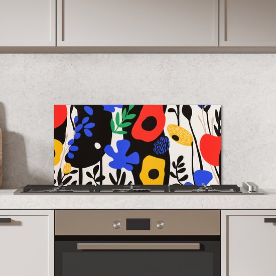 Spatscherm keuken 70x30 cm - Kookplaat achterwand Bloemen - Bladeren - Abstract - Zwart - Muurbeschermer - Spatwand fornuis - Hoogwaardig aluminium