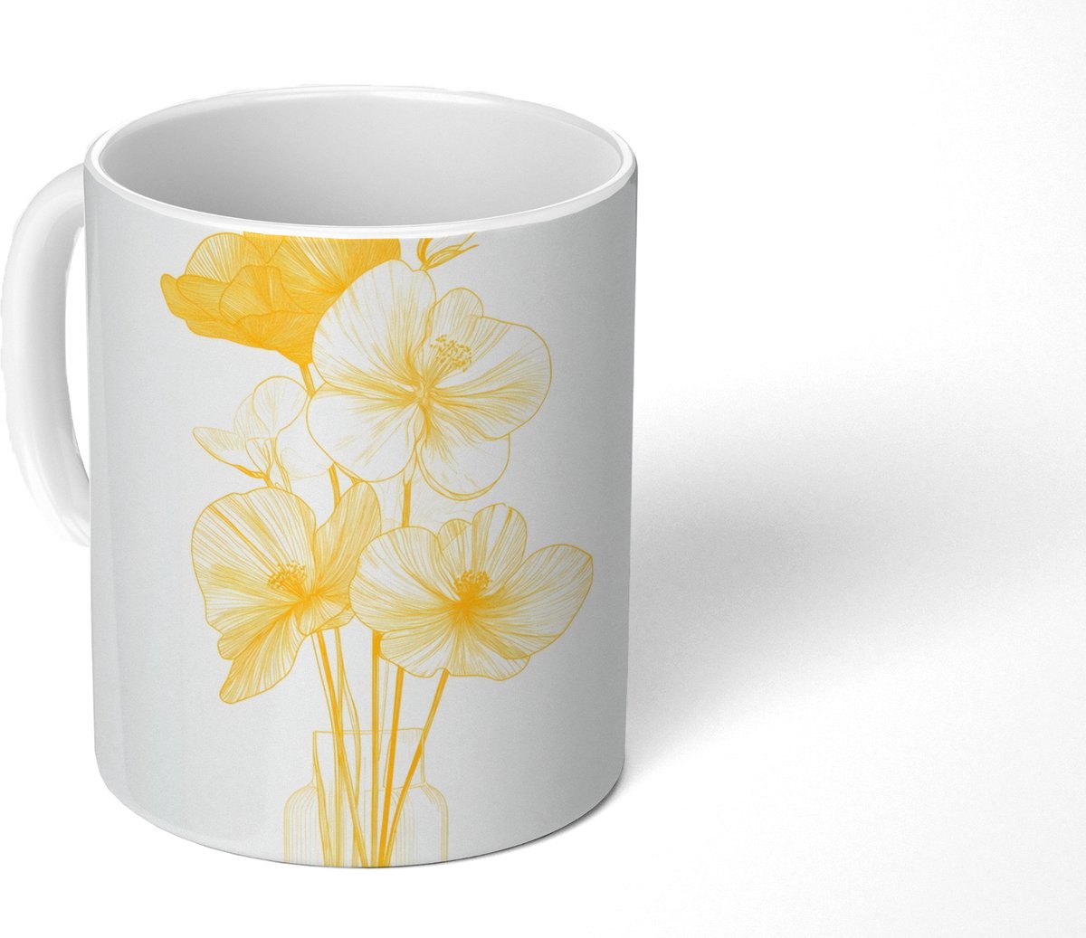 Mok - Koffiemok - Lijntekening - Bloemen - Geel - Vaas - Mokken - 350 ML - Beker - Koffiemokken - Theemok
