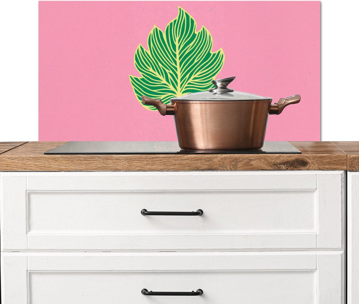 Spatscherm keuken 80x40 cm - Kookplaat achterwand Blad - Groen - Illustratie - Minimalistisch - Muurbeschermer - Spatwand fornuis - Hoogwaardig aluminium