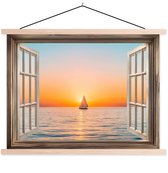 Posterhanger incl. Poster 150x113 cm - Schoolplaat - Doorkijk - Zee - Boot - Zonsondergang - Textielposter - Blanke latten