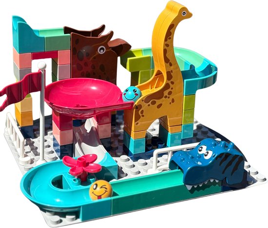 GenkiKidz - Knikkerbaan - Dierentuin Thema Knikkerset - Duplo Compatibel - 62 onderdelen - Educatief Speelgoed - Leeftijd vanaf 3 jaar